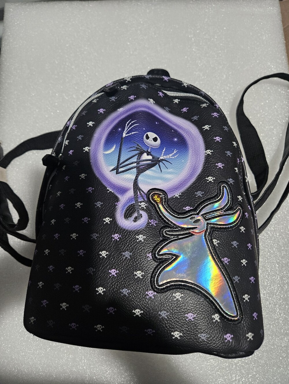 Jack Skeleton Inspired Black Mini Backpack with Holographic Accent